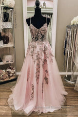 V Neck Backless Pink Lace Long Semi Formal Prom Dresses, Long Pink Lace Formal Evening Dresses