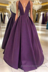 V Neck Backless Purple Satin Long Semi Formal Prom Dresses, Backless Purple Formal Dresses, Purple Evening Dresses
