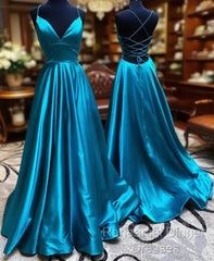 V Neck Backless Teal Long Semi Formal Prom Dresses, V Neck Open Back Blue Formal Evening Dresses
