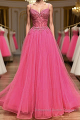 V Neck Beaded Hot Pink Lace Tulle Long Semi Formal Prom Dresses, Hot Pink Lace Formal Dresses, Hot Pink Evening Dresses
