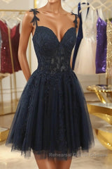 V Neck Beaded Navy Blue Lace Semi Formal Prom Dresses, Navy Blue Lace Homecoming Dresses, Short Navy Blue Formal Graduation Evening Dresses