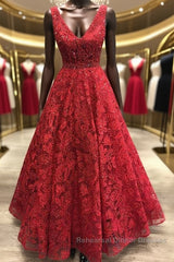 V Neck Burgundy Lace Long Semi Formal Prom Dresses, Burgundy Lace Formal Dresses, Burgundy Evening Dresses