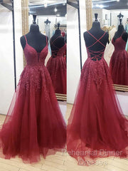 V Neck Burgundy Lace Semi Formal Prom Dresses Long, Wine Red V Neck Lace Long Formal Evening Dresses
