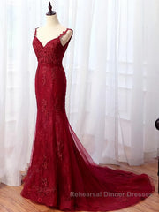 V Neck Burgundy Mermaid Lace Semi Formal Prom Dresses, Wine Red Mermaid Lace Formal Bridesmaid Dresses
