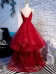 V Neck Burgundy Semi Formal Prom Dresses, Wine Red V Neck Formal Evening Dresses