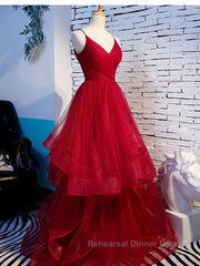 V Neck Burgundy Semi Formal Prom Dresses, Wine Red V Neck Formal Evening Dresses