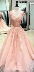 V Neck Cap Sleeves Peach Lace A-Line Long Evening Semi Formal Prom Dresses