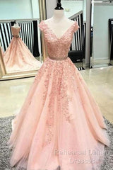V Neck Cap Sleeves Peach Lace A-Line Long Evening Semi Formal Prom Dresses