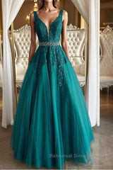 V Neck Dark Green Lace Semi Formal Prom Dresses, Dark Green Lace Formal Evening Dresses
