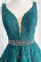 V Neck Dark Green Lace Semi Formal Prom Dresses, Dark Green Lace Formal Evening Dresses