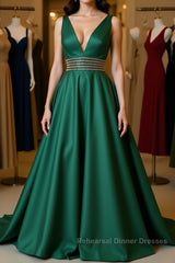 V Neck Emerald Green Satin Long Semi Formal Prom Dresses, Emerald Green Formal Graduation Evening Dresses