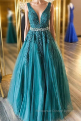 V Neck Green Lace Long Semi Formal Prom Dresses with Beaded Belt, Long Green Lace Formal Evening Dresses