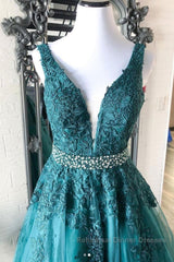 V Neck Green Lace Long Semi Formal Prom Dresses with Beaded Belt, Long Green Lace Formal Evening Dresses