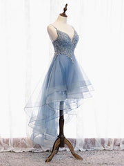 V Neck High Low Blue Lace Semi Formal Prom Dresses, Blue Lace High Low Formal Evening Graduation Dresses
