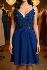 V Neck Lace Beaded Blue Homecoming Dresses Short Semi Formal Prom Dresses, Blue Lace Graduation Dresses, Blue Formal Dresses, Evening Dresses