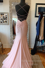 V Neck Lace-Up Back Sexy Mermaid Pink Long Semi Formal Prom Dress