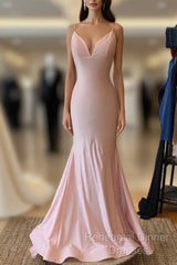 V Neck Lace-Up Back Sexy Mermaid Pink Long Semi Formal Prom Dress