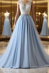 V Neck Light Blue Lace Semi Formal Prom Dresses, Light Blue Lace Formal Evening Dresses