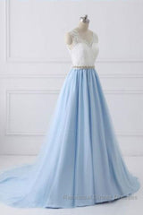 V Neck Light Blue Lace Semi Formal Prom Dresses, Light Blue Lace Formal Evening Dresses