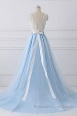 V Neck Light Blue Lace Semi Formal Prom Dresses, Light Blue Lace Formal Evening Dresses
