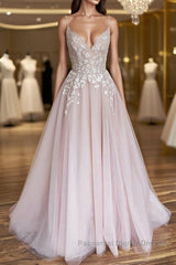 V Neck Light Pink Tulle Lace Semi Formal Prom Dresses, Light Pink Tulle Lace Formal Evening Dresses