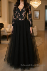V Neck Long Sleeves Black Lace Long Semi Formal Prom Dresses, Long Sleeves Black Lace Formal Dresses, Black Lace Evening Dresses