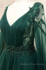 V Neck Long Sleeves Green Lace Semi Formal Prom Dresses, V Neck Green Lace Formal Evening Dresses