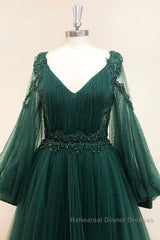 V Neck Long Sleeves Green Lace Semi Formal Prom Dresses, V Neck Green Lace Formal Evening Dresses