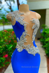 V-neck Mermaid Appliques Lace Sequined Open Back One Shoulder Floor-length Sleeveless Semi Formal Prom Dresses