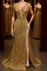 V Neck Mermaid Golden Sequins Long Semi Formal Prom Dresses with High Slit, Mermaid Golden Formal Dresses, Gold Sequins Evening Dresses