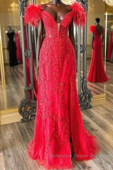 V Neck Mermaid Off Shoulder Red Lace Long Semi Formal Prom Dresses, Mermaid Red Formal Dresses, Red Lace Evening Dresses