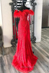 V Neck Mermaid Off Shoulder Red Lace Long Semi Formal Prom Dresses, Mermaid Red Formal Dresses, Red Lace Evening Dresses