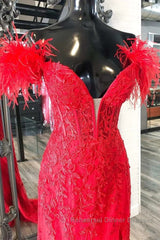 V Neck Mermaid Off Shoulder Red Lace Long Semi Formal Prom Dresses, Mermaid Red Formal Dresses, Red Lace Evening Dresses