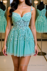 V Neck Mint Green Lace Short Semi Formal Prom Dresses, Mint Green Lace Homecoming Dresses, Mint Green Formal Evening Dresses