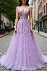 V Neck Off Shoulder Long Lilac Lace Semi Formal Prom Dresses, Off Shoulder Purple Lace Formal Graduation Evening Dresses