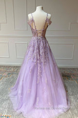 V Neck Off Shoulder Long Lilac Lace Semi Formal Prom Dresses, Off Shoulder Purple Lace Formal Graduation Evening Dresses