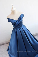 V Neck Off The Shoulder Long Satin Semi Formal Prom Dresses Ball Gowns