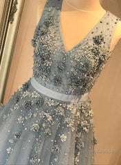 V Neck Open Back Beaded Blue Long Semi Formal Prom Dresses with 3D Flowers, Open Back Blue Formal Graduation Evening Dresses