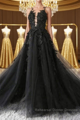 V Neck Open Back Black Tulle Lace Floral Long Semi Formal Prom Dresses, Black Lace Formal Evening Dresses with Appliques