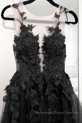 V Neck Open Back Black Tulle Lace Floral Long Semi Formal Prom Dresses, Black Lace Formal Evening Dresses with Appliques