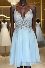 V Neck Open Back Blue Lace Short Semi Formal Prom Dresses, Blue Lace Homecoming Dresses, Short Blue Formal Evening Dresses
