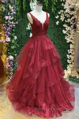 V Neck Open Back Burgundy Lace Long Semi Formal Prom Dresses, Burgundy Lace Formal Evening Dresses, Burgundy Ball Gown