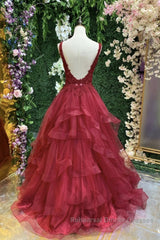 V Neck Open Back Burgundy Lace Long Semi Formal Prom Dresses, Burgundy Lace Formal Evening Dresses, Burgundy Ball Gown