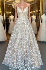 V Neck Open Back Champagne Lace Long Semi Formal Prom Dresses, Champagne Lace Formal Graduation Evening Dresses