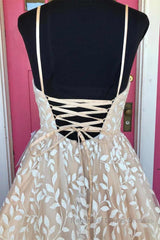 V Neck Open Back Champagne Lace Long Semi Formal Prom Dresses, Champagne Lace Formal Graduation Evening Dresses