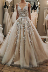 V Neck Open Back Champagne Tulle Lace Long Semi Formal Prom Dresses with Belt, Champagne Lace Formal Evening Dresses, Champagne Ball Gown