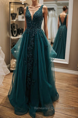 V Neck Open Back Dark Green Lace Beaded Long Semi Formal Prom Dresses, Dark Green Lace Formal Dresses, Dark Green Evening Dresses