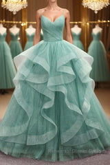 V Neck Open Back Fluffy Green Tulle Long Semi Formal Prom Dresses, Green Formal Evening Dresses, Ball Gown