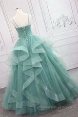 V Neck Open Back Fluffy Green Tulle Long Semi Formal Prom Dresses, Green Formal Evening Dresses, Ball Gown