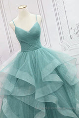 V Neck Open Back Fluffy Green Tulle Long Semi Formal Prom Dresses, Green Formal Evening Dresses, Ball Gown